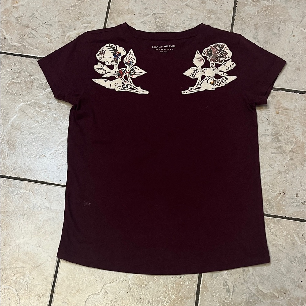 Lucky Brand Dark Red Tee with Floral Accents XS NWOT